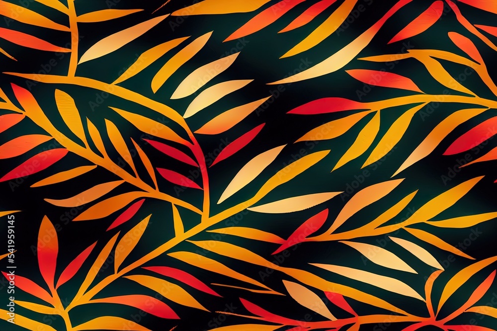 Sticker tropical pattern with multicolored hand drawn leaves and dark background. leaves pattern