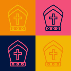 Pop art line Pope hat icon isolated on color background. Christian hat sign. Vector