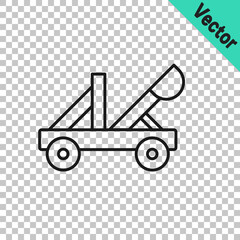 Black line Old medieval wooden catapult shooting stones icon isolated on transparent background. Vector