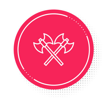 recommend clip art: White line Crossed medieval axes icon isolated on white background. Battle axe, executioner axe. Medieval weapon. Red circle button. Vector