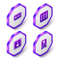 Set Isometric Record button, Sound mixer controller, Play Video and Stereo speaker icon. Purple hexagon button. Vector