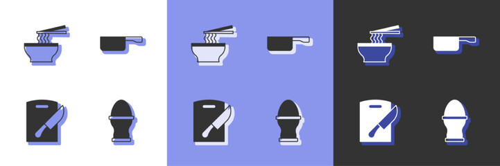 Set Chicken egg on a stand, Asian noodles in bowl, Cutting board knife and Frying pan icon. Vector