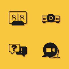 Set Video chat conference, Question and Answer and Movie, film, media projector icon with long shadow. Vector