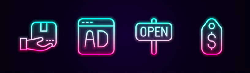 Set line Delivery hand with box, Advertising, Hanging sign text Open and Price tag dollar. Glowing neon icon. Vector