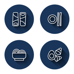 Set line Guotie, Food chopsticks with plate, Asian noodles in bowl and Chicken egg vegerables with long shadow. Blue circle button. Vector