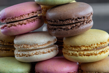 close up of colorful macaroons, variety of flavors