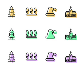 Set line Christmas Santa Claus hat, tree, lights and Church building icon. Vector