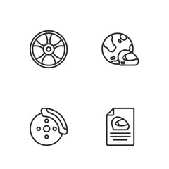 Set line Racing helmet, Car brake disk with caliper, Alloy wheel for car and icon. Vector
