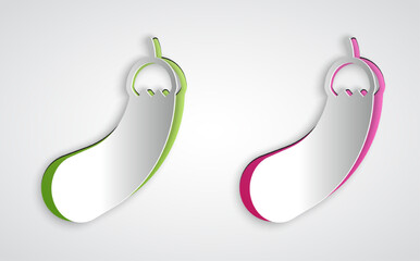 Obraz premium Paper cut Eggplant icon isolated on grey background. Paper art style. Vector