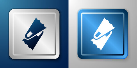 White Rubber flippers for swimming icon isolated on blue and grey background. Diving equipment. Extreme sport. Diving underwater equipment. Silver and blue square button. Vector © Iryna