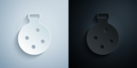 Paper cut Bottle with potion icon isolated on grey and black background. Flask with magic potion. Happy Halloween party. Paper art style. Vector