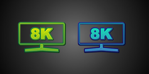 Green and blue Computer monitor icon isolated on black background. PC component sign. Vector