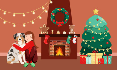 Obraz na płótnie Canvas A girl with a dog by the fireplace and a Christmas tree. Cozy home.