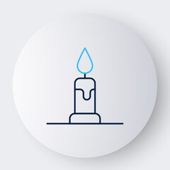 Line Burning candle in candlestick icon isolated on white background. Cylindrical candle stick with burning flame. Colorful outline concept. Vector