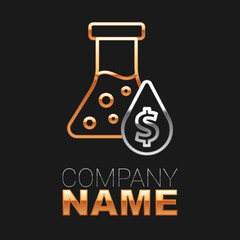 Naklejka premium Line Oil petrol test tube icon isolated on black background. Cmemistry flask and falling drop. Colorful outline concept. Vector
