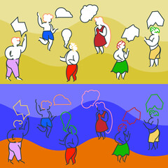 A set of people communicating with each other with conversational bubbles, they are walking standing on a colored background. Flat vector illustration