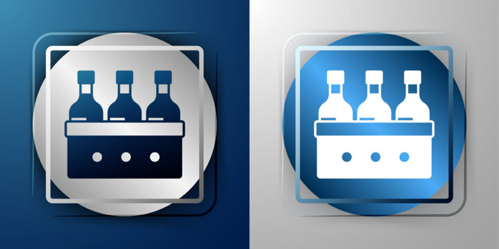 White Bottles of wine in a wooden box icon isolated on blue and grey background. Wine bottles in a wooden crate icon. Silver and blue square button. Vector