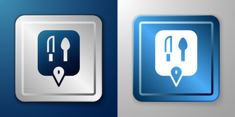 White Cafe and restaurant location icon isolated on blue and grey background. Knife and spoon eatery sign inside pinpoint. Silver and blue square button. Vector.