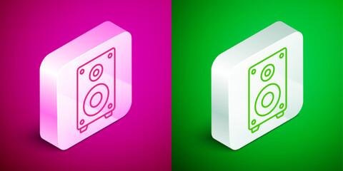 Isometric line Stereo speaker icon isolated on pink and green background. Sound system speakers. Music icon. Musical column speaker bass equipment. Silver square button. Vector - obrazy, fototapety, plakaty