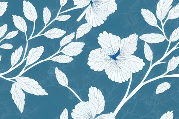 Seamless pattern in oriental style with blooming branches trees and birds. Wildlife silhouette, white floral ornament on blue background. 2d illustrated hand drawn illustration, garden in japanese