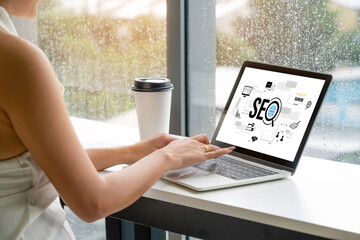 SEO search engine optimization for modish e-commerce and online retail business showing on computer...