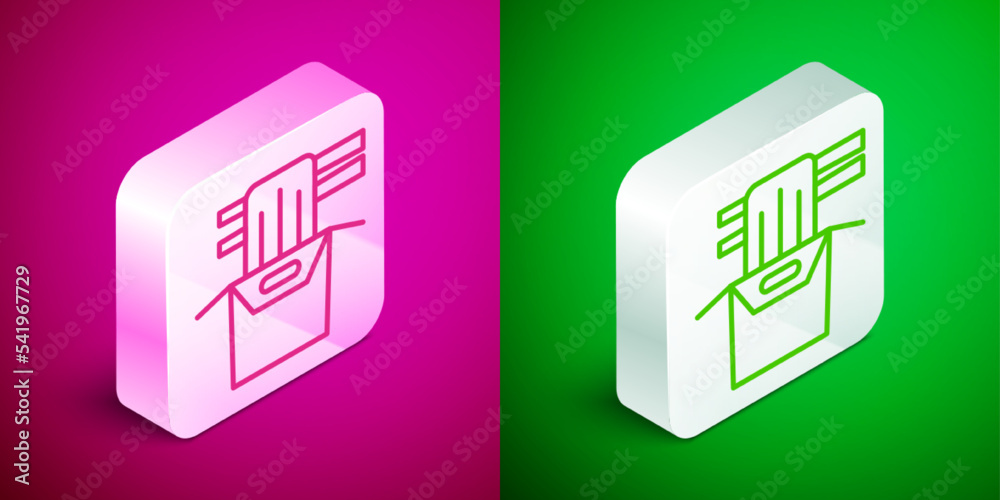 Sticker Isometric line Asian noodles in paper box and chopsticks icon isolated on pink and green background. Street fast food. Korean, Japanese, Chinese food. Silver square button. Vector