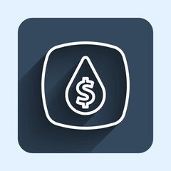 White line Oil drop with dollar symbol icon isolated with long shadow background. Oil price. Oil and petroleum industry. Blue square button. Vector