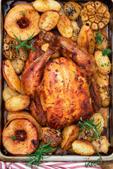 Roasted chicken with quince and vegetables