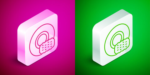 Isometric line Washing dishes icon isolated on pink and green background. Cleaning dishes icon. Dishwasher sign. Clean tableware sign. Silver square button. Vector