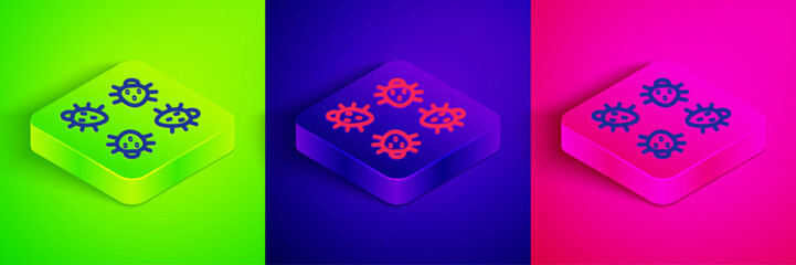 Isometric line Colorado beetle icon isolated on green, blue and pink background. Square button. Vector