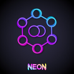 Glowing neon line Molecule icon isolated on black background. Structure of molecules in chemistry, science teachers innovative educational poster. Vector