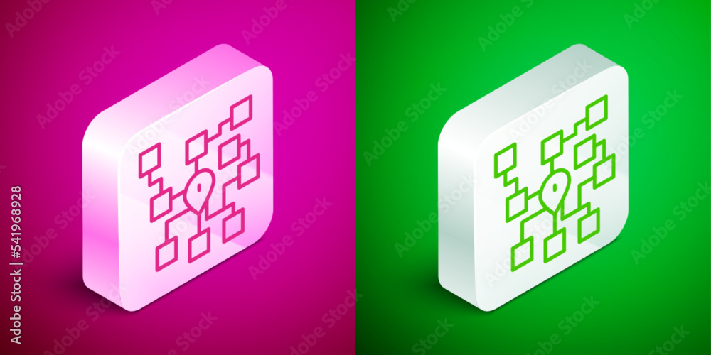 Canvas Prints Isometric line Neural network icon isolated on pink and green background. Artificial intelligence AI. Silver square button. Vector