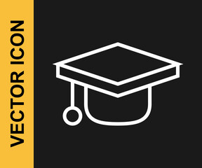 White line Graduation cap icon isolated on black background. Graduation hat with tassel icon. Vector