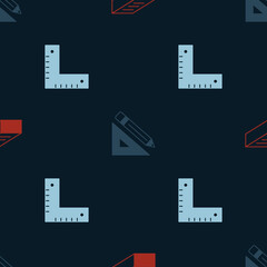 Set Brick, Triangular ruler and pencil and Corner on seamless pattern. Vector