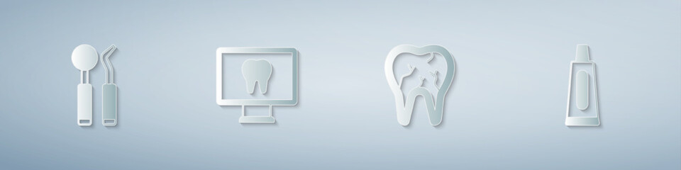 Set Dental mirror and probe, Online dental care, Broken tooth and Tube of toothpaste. Paper art style. Vector