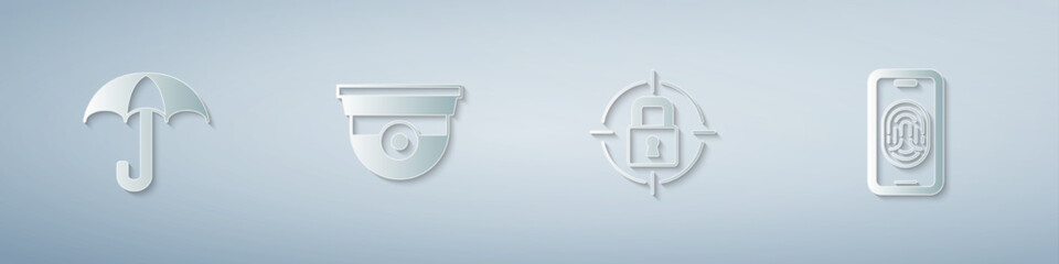 Set Umbrella, Security camera, Lock and Mobile with fingerprint scanner. Paper art style. Vector