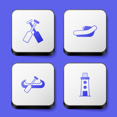 Set Crossed oars or paddles boat, Inflatable with motor, Kayak and and Lighthouse icon. White square button. Vector