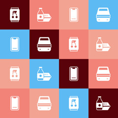 Set pop art Soda can, Online ordering food, Food on mobile and Lunch box icon. Vector