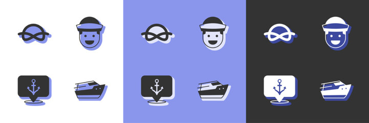 Set Speedboat, Nautical rope knots, Anchor and Sailor icon. Vector