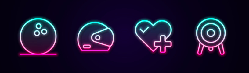 Set line Bowling ball, Racing helmet, Heart rate and Target sport. Glowing neon icon. Vector