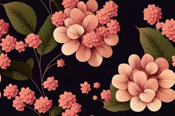 Outdoor kussens Floral seamless pattern with vintage hydrangea flowers, leaves, fireflies. Luxury 3d illustration. Premium wallpaper. Glamorous art. Bronze texture, dark background. Fabric printing, cloth, posters © AkuAku