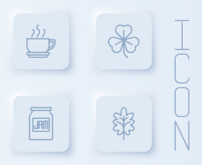 Set line Coffee cup, Clover, Jam jar and Leaf. White square button. Vector