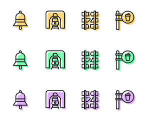 Set line Broken or cracked railway, Train station bell, tunnel and Cafe and restaurant location icon. Vector