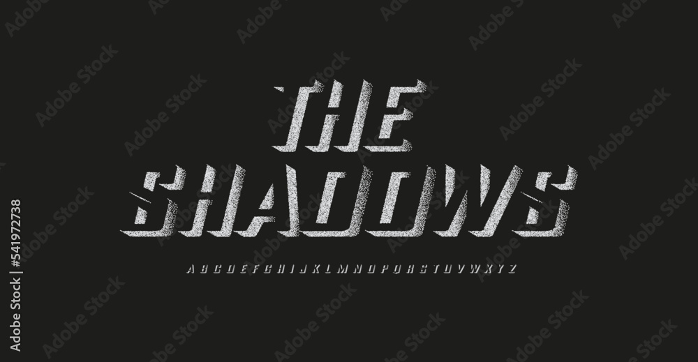 Poster 3d shadows font, volume letters, halftone dots alphabet. creative high bold with points outline type