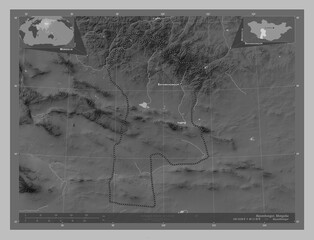 Bayanhongor, Mongolia. Grayscale. Labelled points of cities