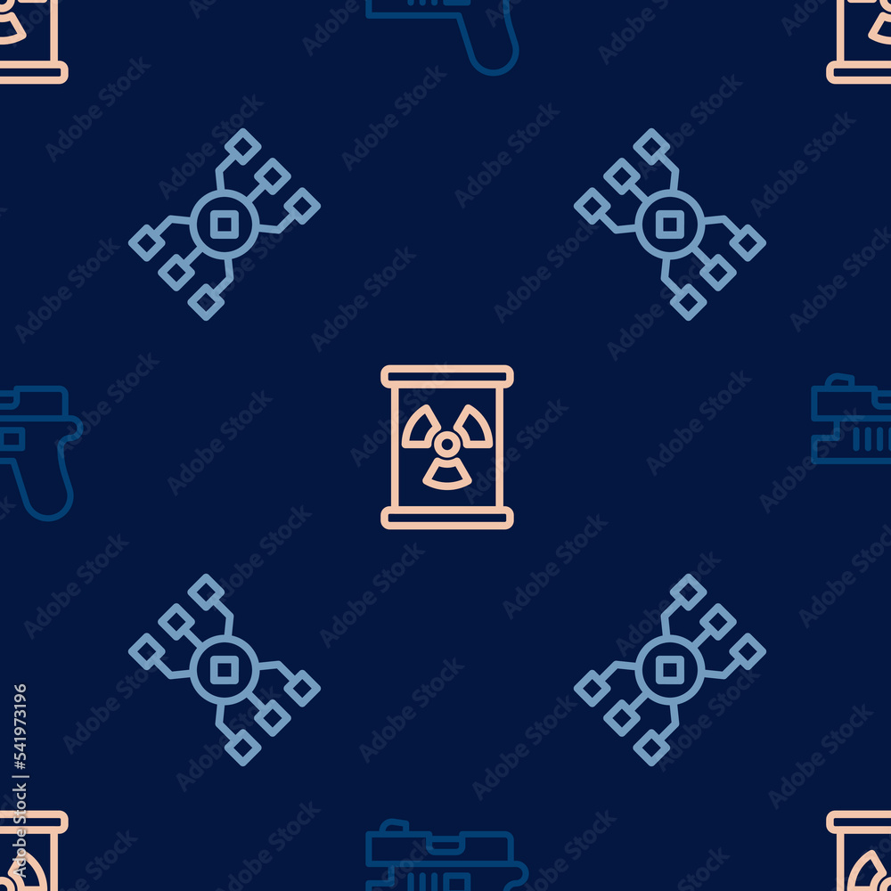 Canvas Prints Set line Futuristic weapon, Neural network and Radioactive waste in barrel on seamless pattern. Vector