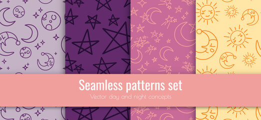 Vector seamless patterns set of day and night concepts. Many decorative contour stars, happy sun, sleepy moon. Cute linear art elements. Creative children's textile print layouts design. Funny signs.
