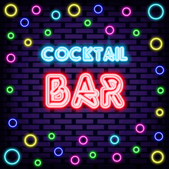Cocktail Bar Neon quote. Bright signboard. Light banner. Design element. Vector Illustration