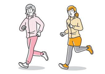 ジョギング、ランニングをするシニア女性と若い女性