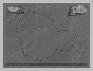 Suhbaatar, Mongolia. Grayscale. Labelled points of cities